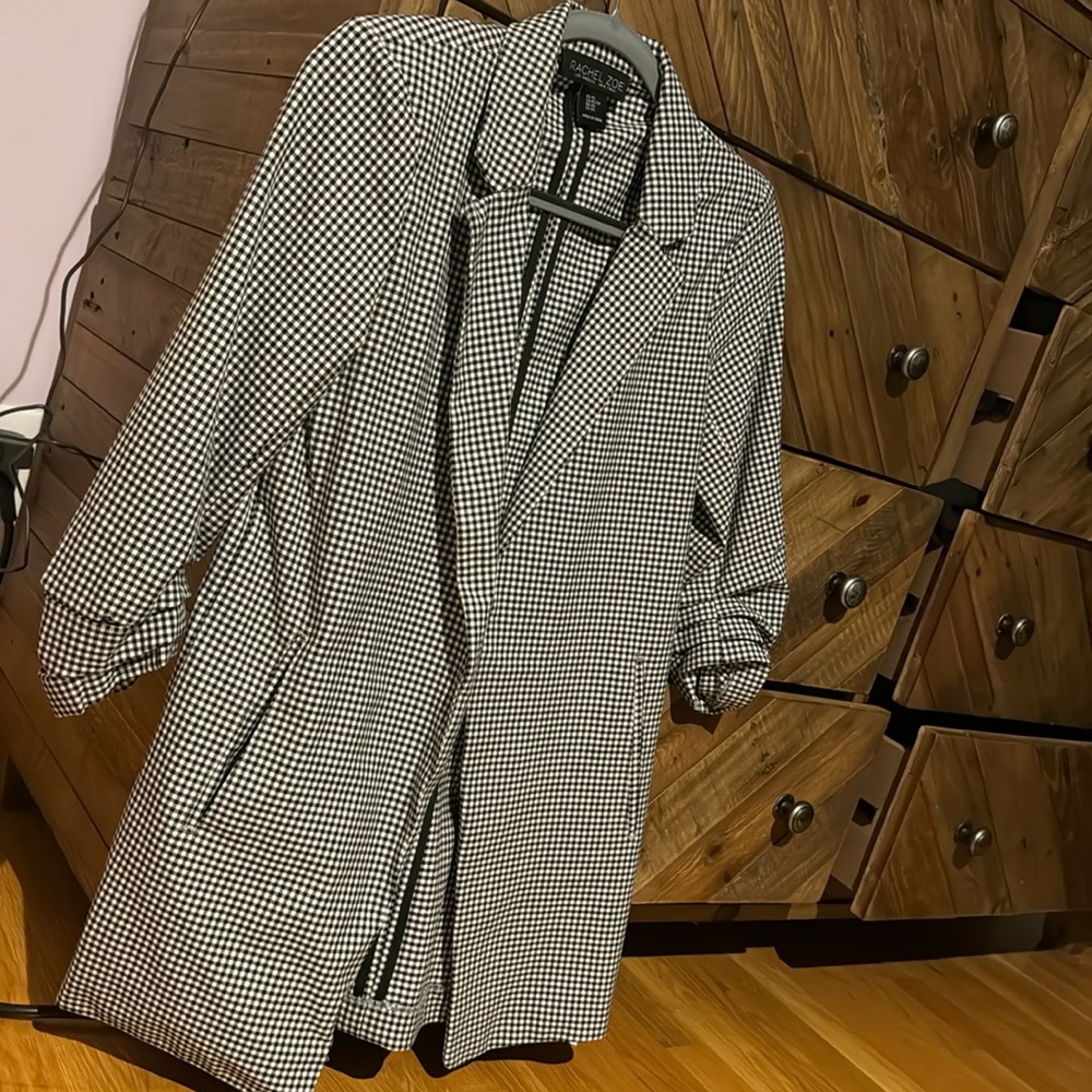 Rachel Zoe Open Front Blazer Women's XS White Black Check 3/4 Sleeve